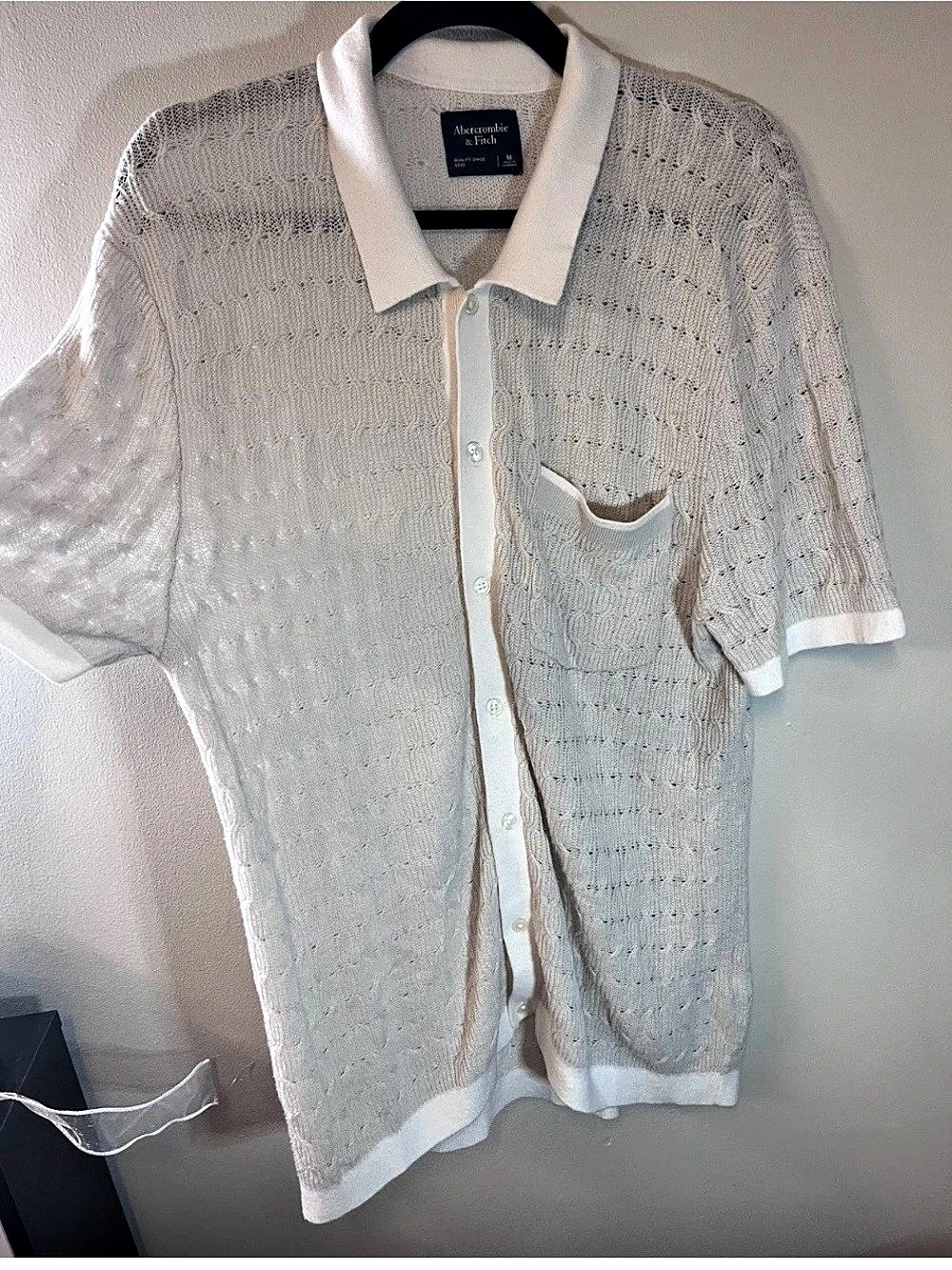 Abercrombie & Fitch Men's Knit Polo Shirt White Crochet button up